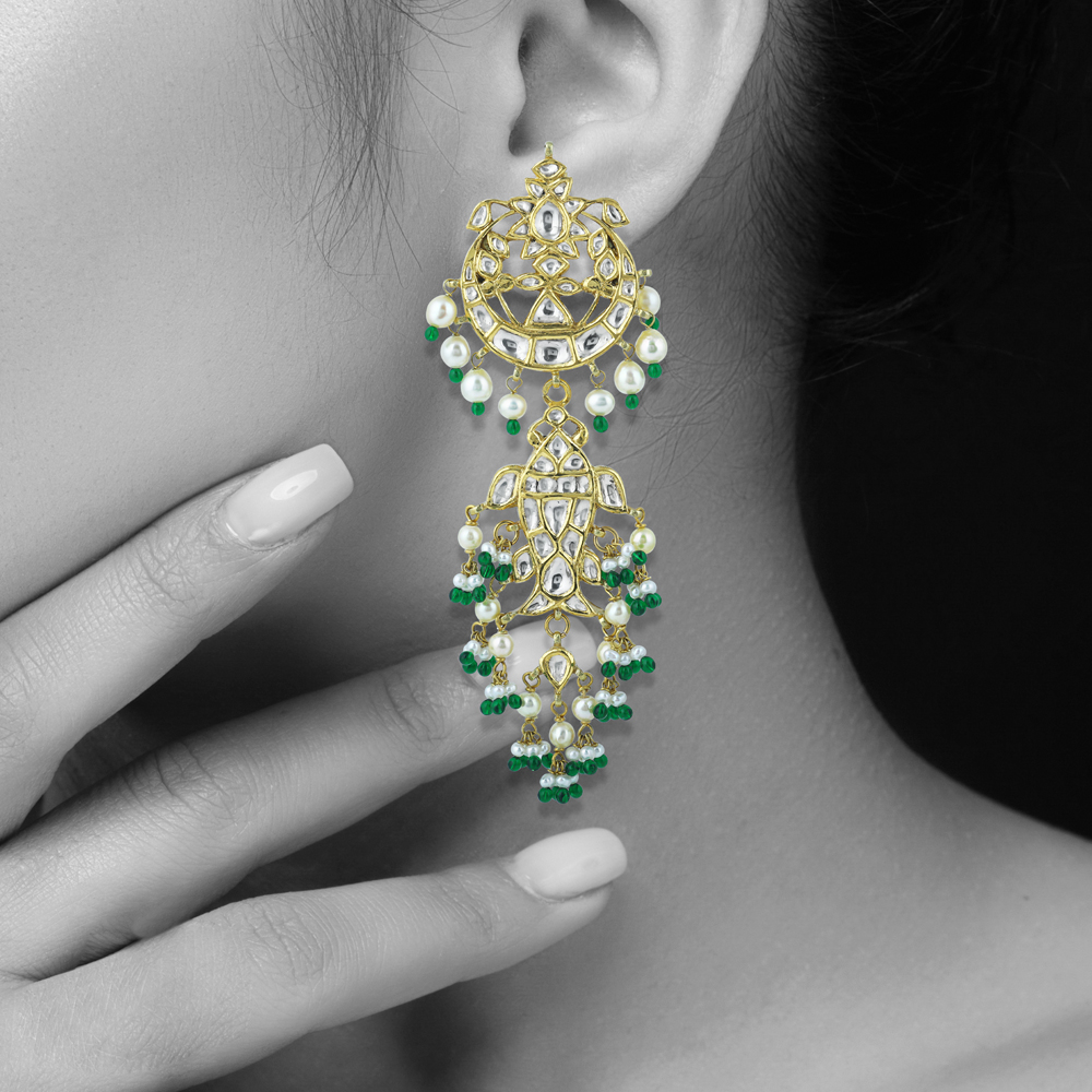 Polki Chandelier Earrings with Green Beads and Pearl Cascades